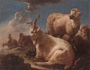 unknow artist An evening landscape with goat and sheep resting in the foreground,a herdsman beyond oil painting
